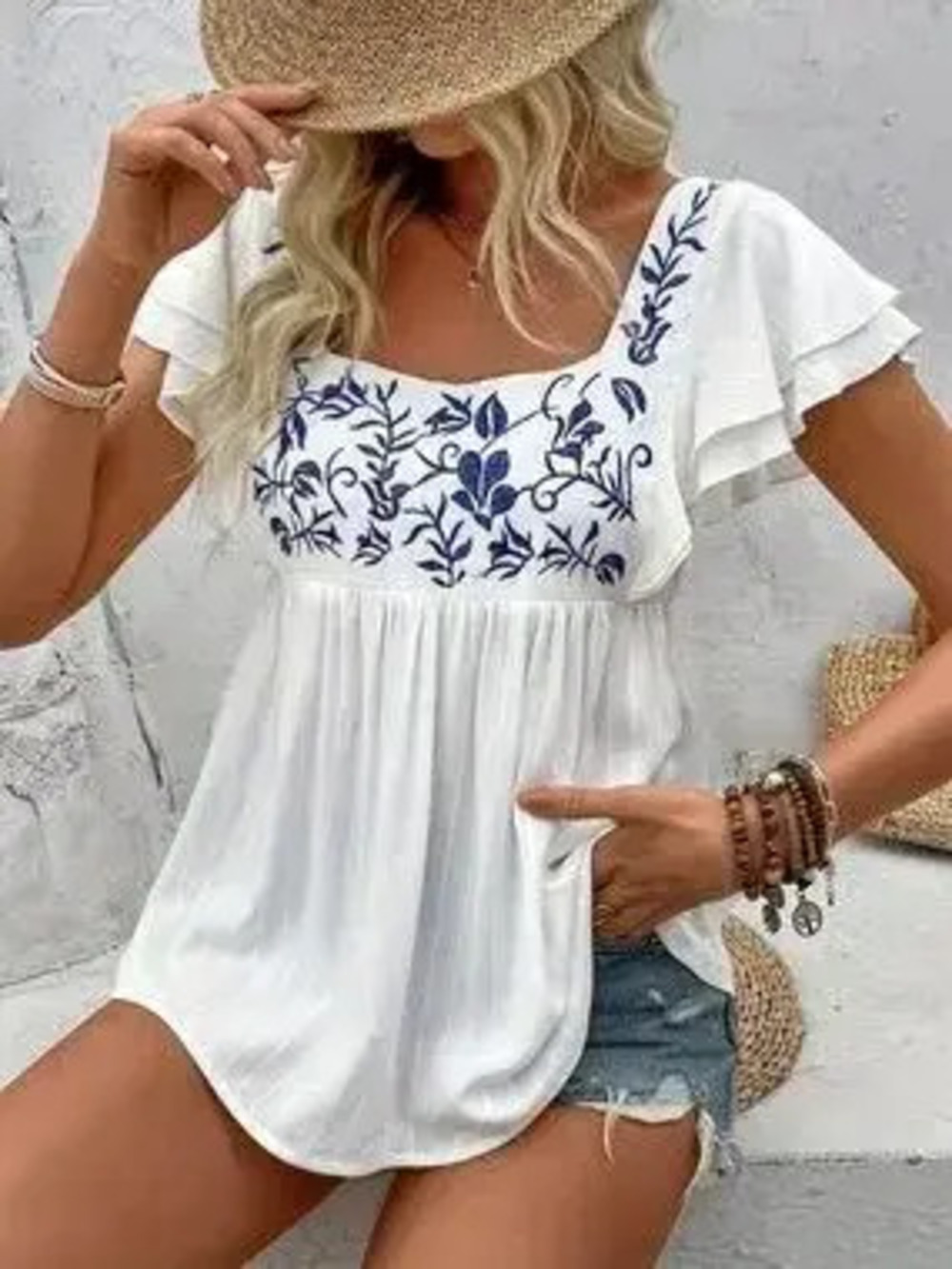 Embroidered Flutter Sleeve Blouse - Picture 4 of 7